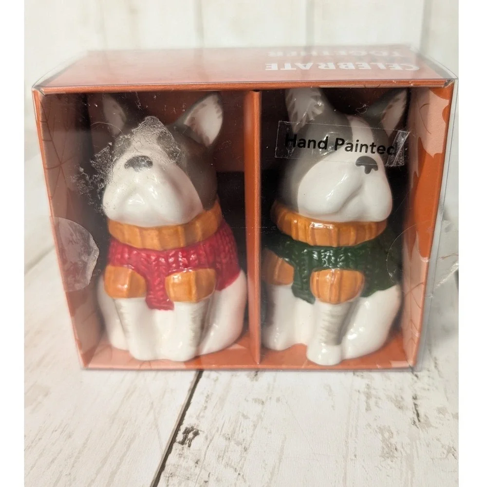 Celebrate Fall Together Salt Pepper Shakers French Bulldog Dog Sweaters NEW
